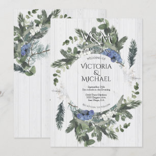 Rustic Wood Floral & Pine Winter Wedding  Invitation