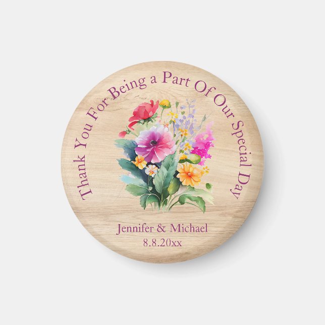 rustic wood floral   pink script thank you wedding magnet (Front)