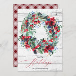 Rustic wood floral red Christmas wreath happy  Holiday Card<br><div class="desc">Happy Holidays,  Celebrate Christmas and the winter season with this rustic painted red,  navy blue and green botanical wreath with flowers,  holy berries,  pine branches rustic light grey beach wood with an editable red plaid flannel background.</div>