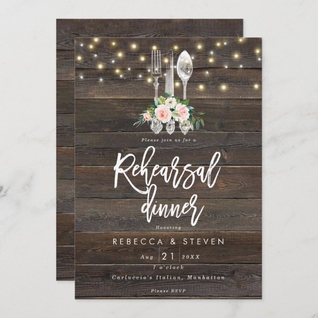 rustic wood floral rehearsal dinner invitation (Front/Back)