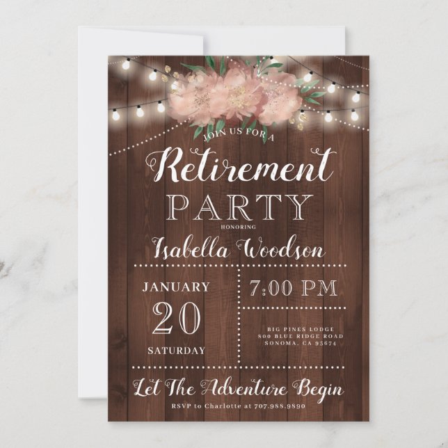 Rustic Wood Floral Retirement Party Invitation (Front)