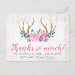 Rustic Wood & Floral Roses Antlers Thank You Card