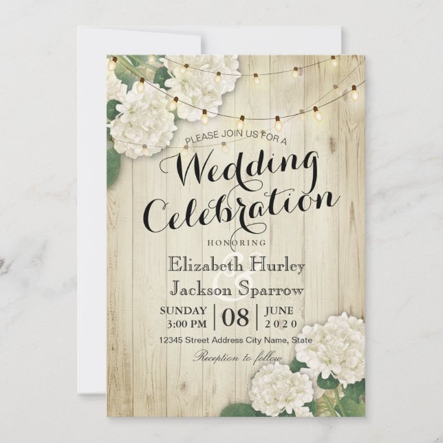 Rustic Wood Floral String Light Wedding Invitation (Front)