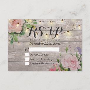 Rustic Wood Floral String Light Wedding RSVP Reply