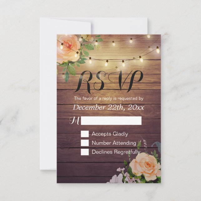 Rustic Wood Floral String Light Wedding RSVP Reply (Front)