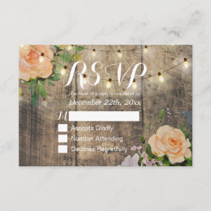 Rustic Wood Floral String Light Wedding RSVP Reply Card