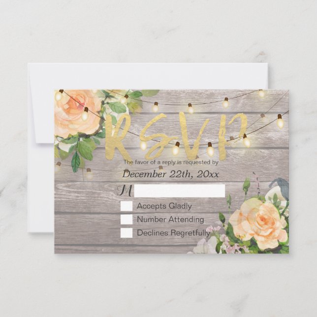 Rustic Wood Floral String Light Wedding RSVP Reply Card (Front)