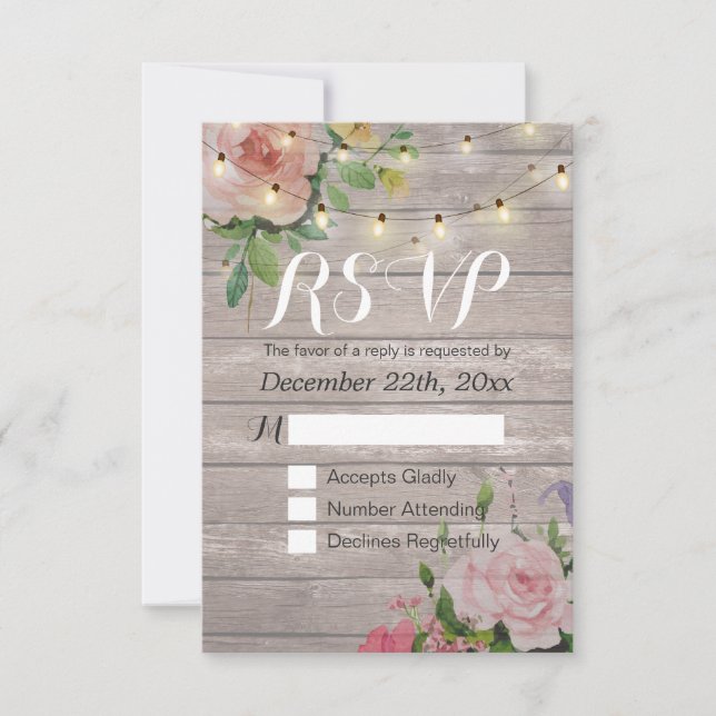 Rustic Wood Floral String Light Wedding RSVP Reply Card (Front)
