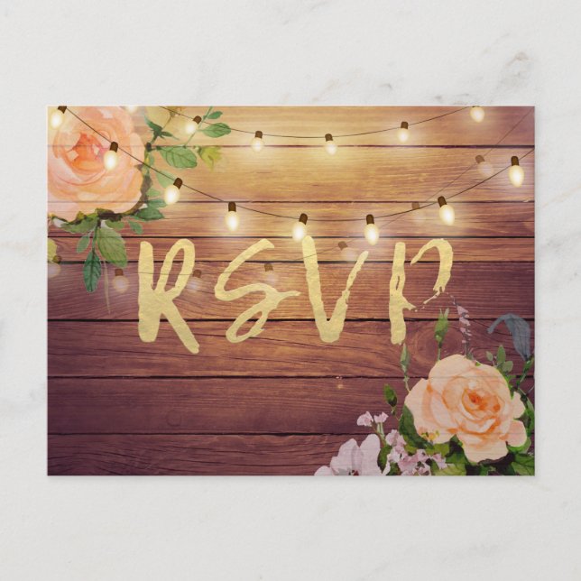 Rustic Wood Floral String Light Wedding RSVP Reply Invitation Postcard (Front)