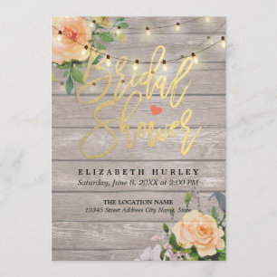 Rustic Wood Floral String Lights Bridal Shower Invitation