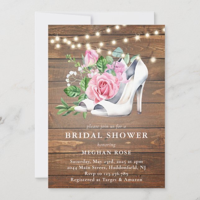 Rustic  Wood Floral String Lights Bridal Shower Invitation (Front)