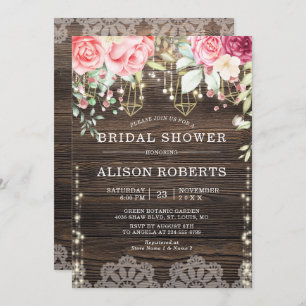 Rustic Wood Floral String lights Bridal Shower Invitation
