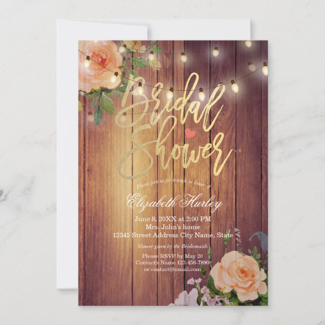 Rustic Wood Floral String Lights Bridal Shower Invitation (Front)