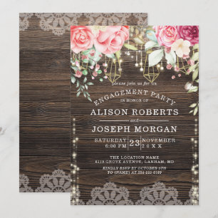 Rustic Wood Floral String lights Engagement Invitation