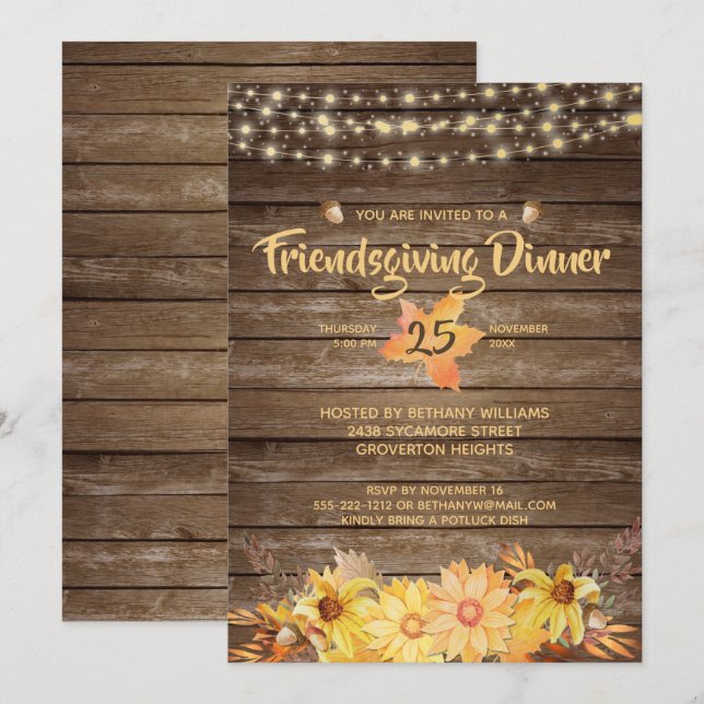 Rustic Wood Floral String Lights Friendsgiving Invitation (Front/Back)