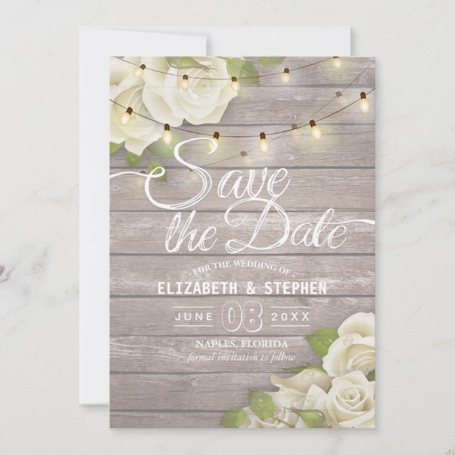 Rustic Wood Floral String Lights Save The Date (Front)