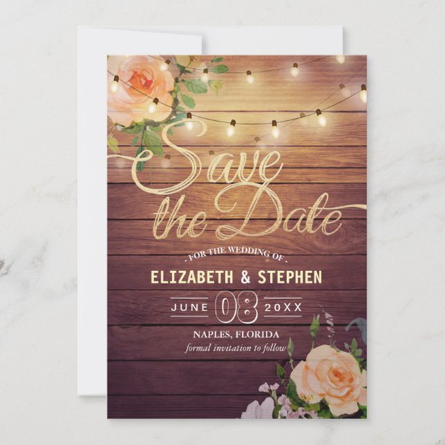 Rustic Wood Floral String Lights Save The Date (Front)