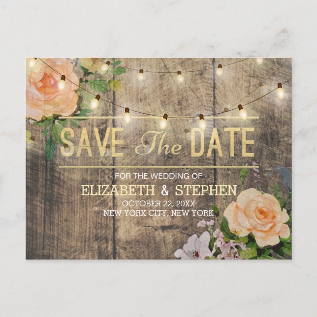Rustic Wood Floral String Lights Save The Date Announcement Postcard (Front)