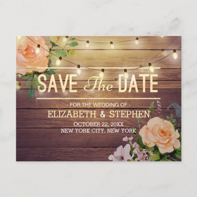 Rustic Wood Floral String Lights Save The Date Announcement Postcard (Front)