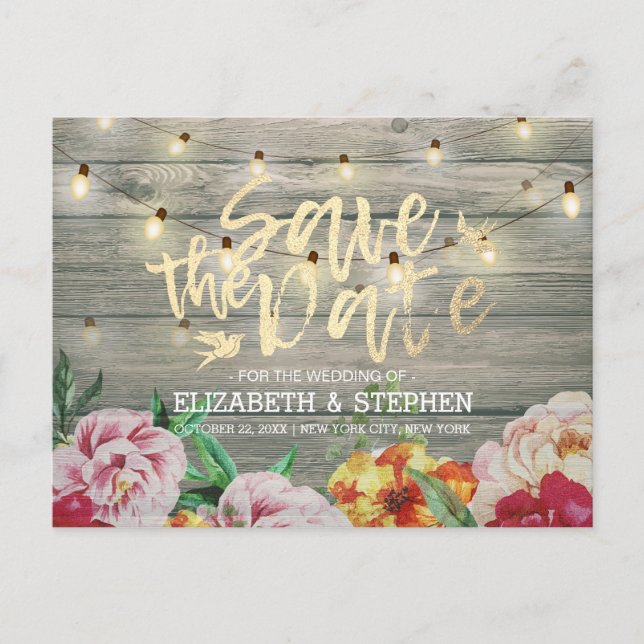 Rustic Wood Floral String Lights Save The Date Announcement Postcard (Front)