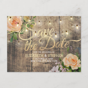 Rustic Wood Floral String Lights Save The Date Announcement Postcard