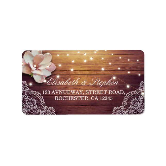 Rustic Wood Floral String Lights Wedding Address Label (Front)