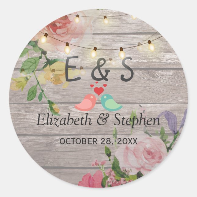 Rustic Wood Floral String Lights Wedding Favour Classic Round Sticker (Front)