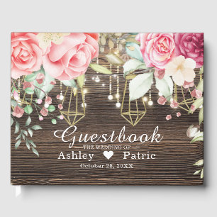 Rustic Wood Floral String lights Wedding Guest Book