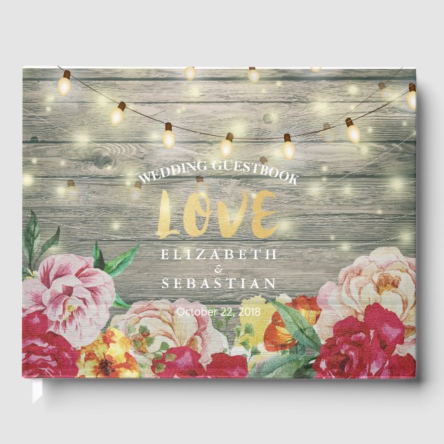Rustic Wood Floral String Lights Wedding Guestbook (Front)