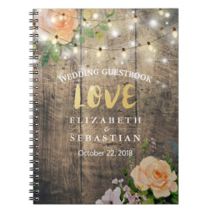 Rustic Wood Floral String Lights Wedding Guestbook Notebook