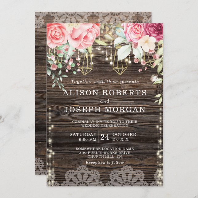 Rustic Wood Floral String lights Wedding Invitation (Front/Back)