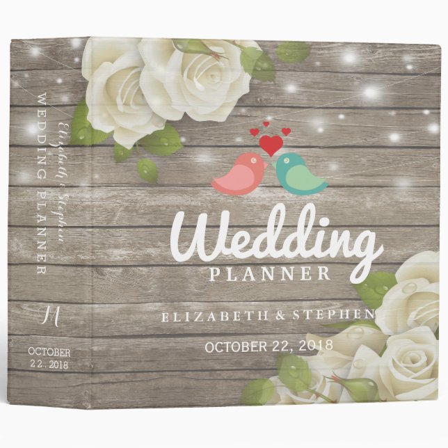 Rustic Wood Floral String Lights Wedding Planner Binder (Front/Spine)