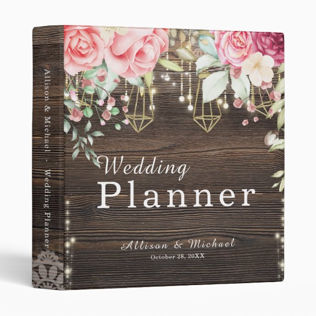 Rustic Wood Floral String lights Wedding Planner Binder (Front/Spine)