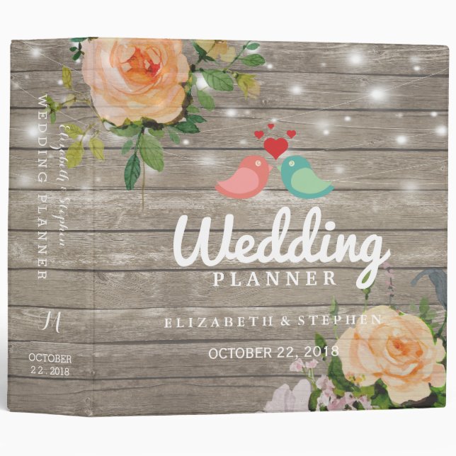 Rustic Wood Floral String Lights Wedding Planner Binder (Front/Spine)