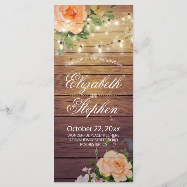 Rustic Wood Floral String Lights Wedding Program (Front)