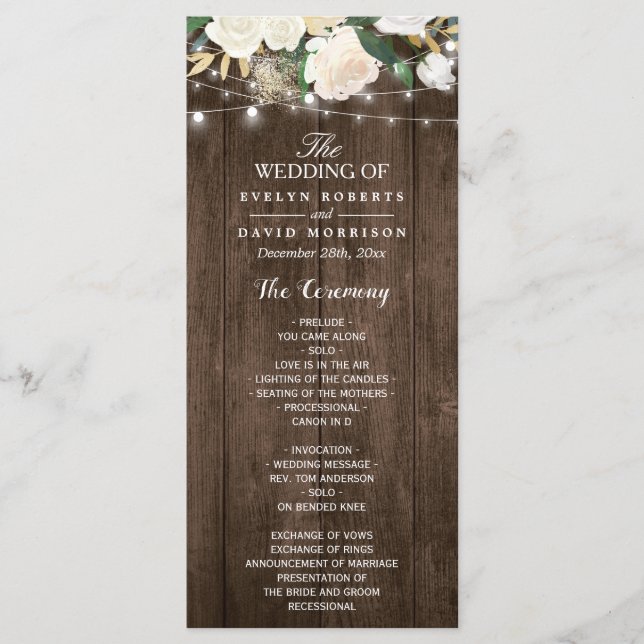 Rustic Wood Floral String Lights Wedding Program (Front)