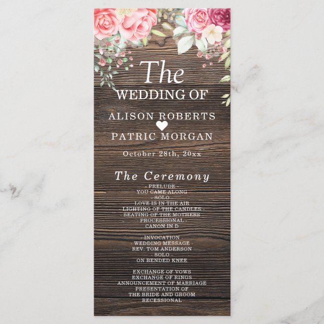 Rustic Wood Floral String lights Wedding Program (Front)