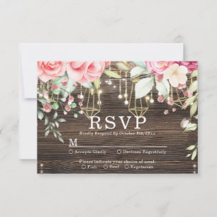 Rustic Wood Floral String lights Wedding rsvp Card