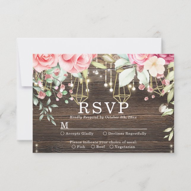 Rustic Wood Floral String lights Wedding rsvp Card (Front)