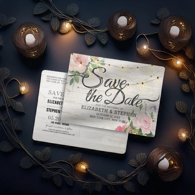 Rustic Wood Floral String Lights Wedding Save Date Announcement Postcard (Creator Uploaded)