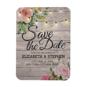 Rustic Wood Floral String Lights Wedding Save Date Magnet