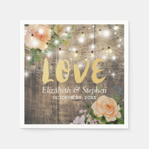 Rustic Wood Floral String Lights Wedding Shower Napkin