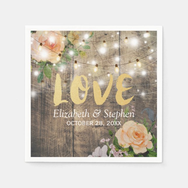 Rustic Wood Floral String Lights Wedding Shower Napkin (Front)