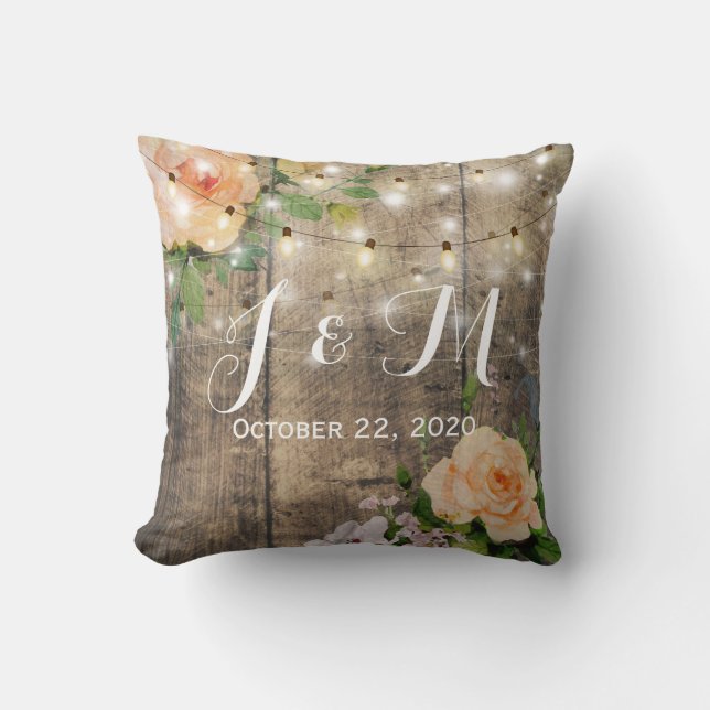 Rustic Wood Floral String Lights Wedding Shower Throw Pillow (Front)