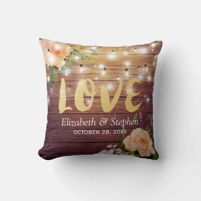 Rustic Wood Floral String Lights Wedding Shower Throw Pillow (Front)