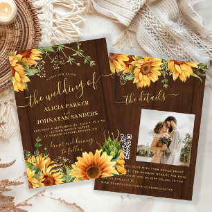 Rustic wood floral sunflower garden barn wedding invitation