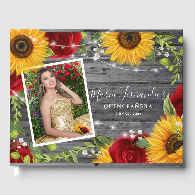 Rustic Wood Floral Sunflower Rose Quinceanera Guest Book (Front)