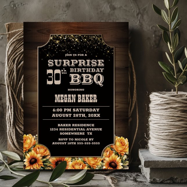 Rustic Wood Floral Surprise 30th Birthday BBQ Invitation (Creator Uploaded)