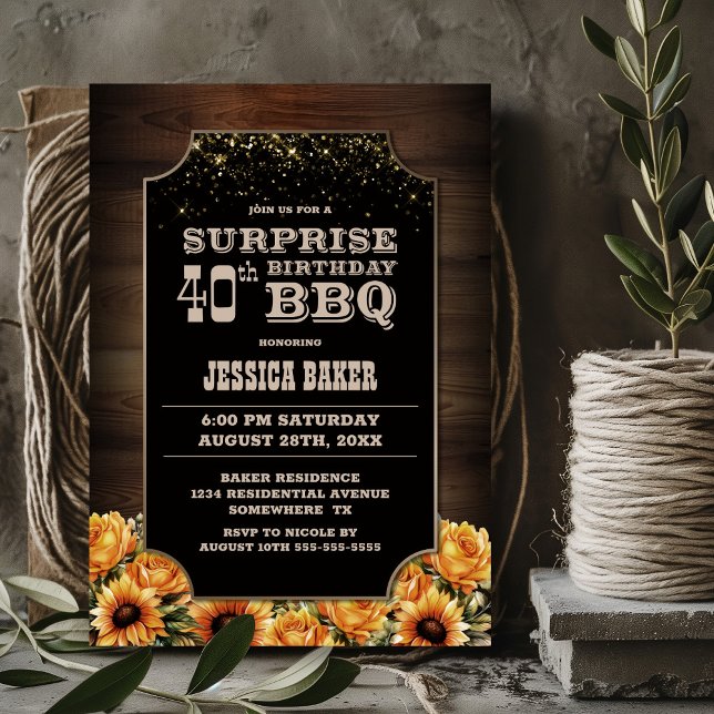 Rustic Wood Floral Surprise 40th Birthday BBQ Invitation (Creator Uploaded)