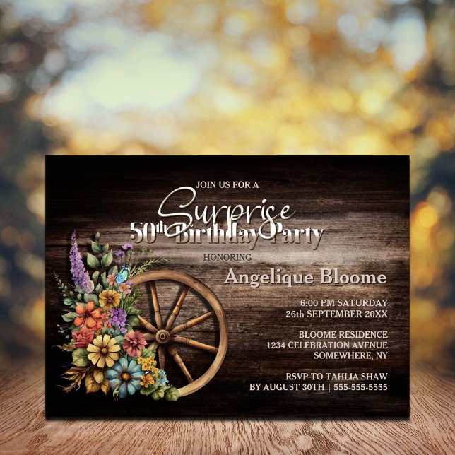 Rustic Wood Floral Surprise 50th Birthday Invitation (Creator Uploaded)